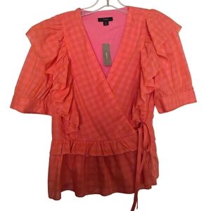 NWT J. Crew Vibrant Pink and Orange Gingham Checkered Short Sleeve Wrap Blouse